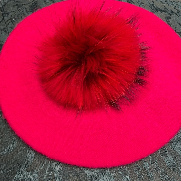 Pink with red pompom beret